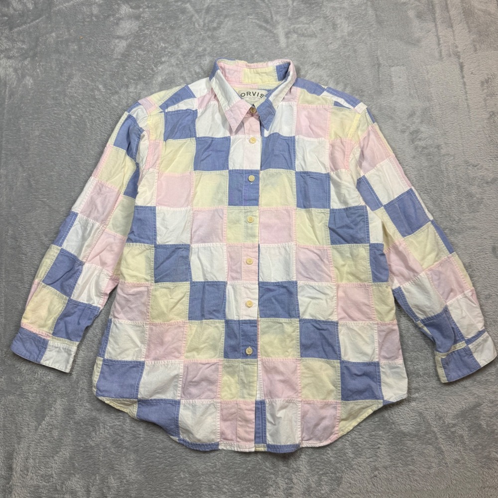 Vintage Orvis Patchwork Button Up Shirt Womens L Pastel Cotton Plaid 90s Cottage